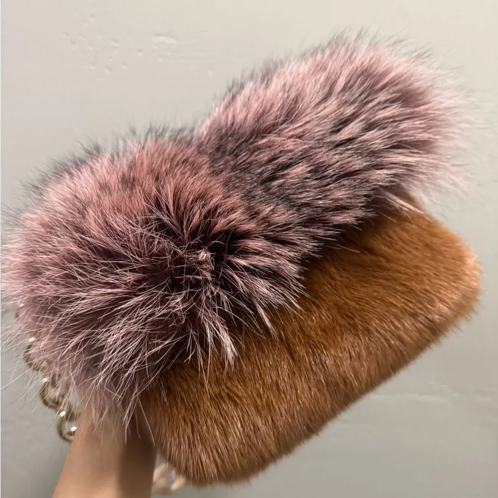 Handmade Real Mink Fur with Finn Raccoon Fur Foldover Flap Bag & 2 Strap Styles